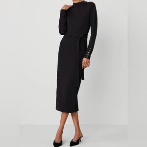 Ann Taylor Mock Neck Column Knit Midi Belted Dress Button Detailing Size 14